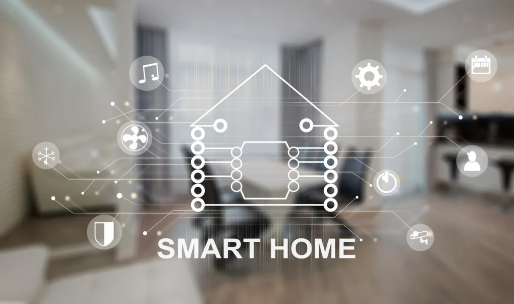 A photo for home from inside with a blur overlay with smart home word and home diagram