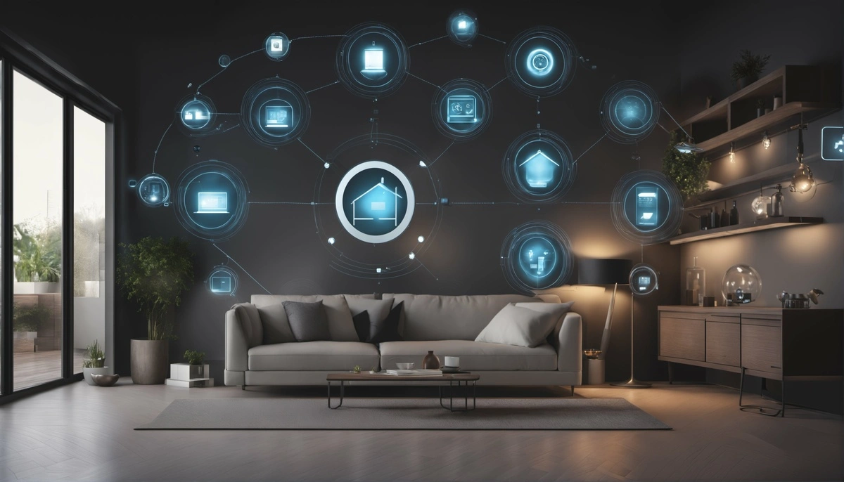 A smart home from inside with some devices logos and connected to each other 