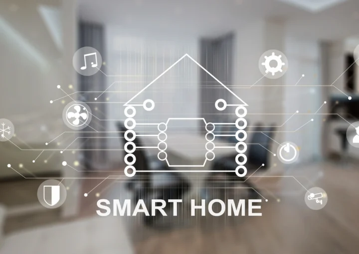 A photo for home from inside with a blur overlay with smart home word and home diagram